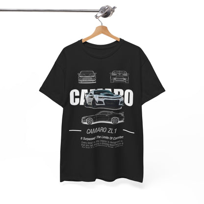 Elegant black Camaro ZL1 T-shirt displayed on a wooden hanger, highlighting the classic and timeless design perfect for car enthusiasts.