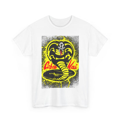 Elegant unisex Cobra Kai t-shirt showcasing a bold snake graphic in vibrant yellow and black, perfect for adding a playful touch to any wardrobe with martial arts flair.
