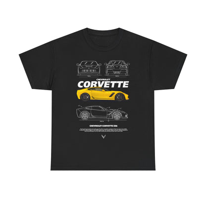 Luxury men's black t-shirt featuring a detailed illustration of the iconic Chevrolet Corvette Z06, showcasing intricate technical drawings and a striking yellow car design.