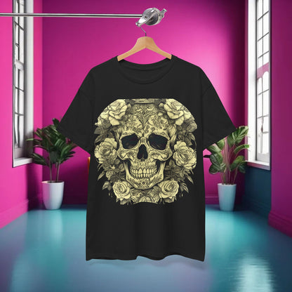 Skulls and Roses Cotton Tee elegantly displayed on a hanger against a vibrant background, illustrating its contemporary style.