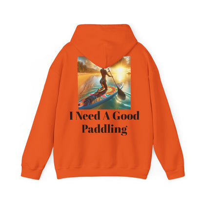 Fantasy Paddleboarding Unisex Hooded Sweatshirt in orange featuring eye-catching paddleboarding design and a bold statement, ideal for vibrant adventurers.