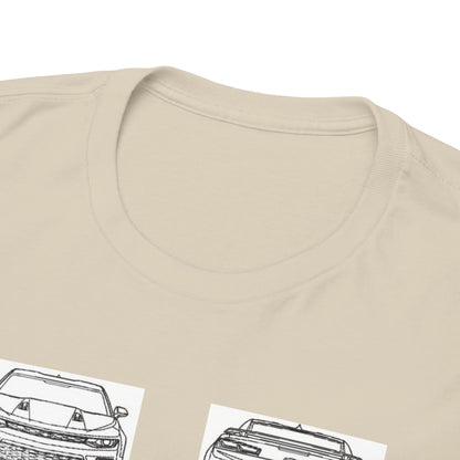 Close-up view of the neckline of a luxurious beige t-shirt, showcasing the soft fabric and exquisite craftsmanship, ideal for car enthusiasts.