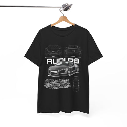 Premium Audi R8 Blueprint T-shirt hanging elegantly, showcasing the distinct car graphics and historical nods to the R8's heritage from 1904 to 2029.