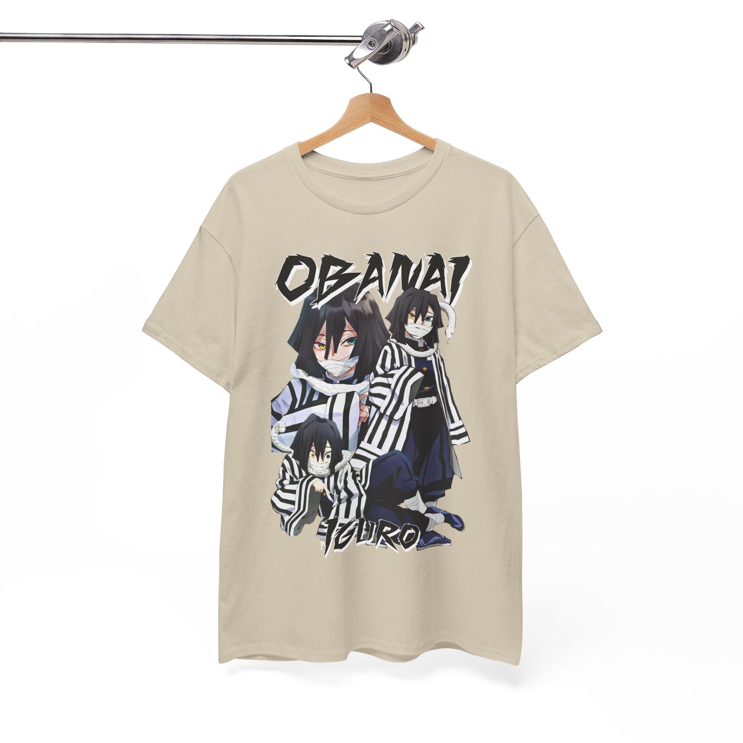 Sophisticated beige T-shirt elegantly displayed on a hanger, adorned with an artistic graphic of Obanai Iguro from Demon Slayer, perfect for fashion-forward fans.