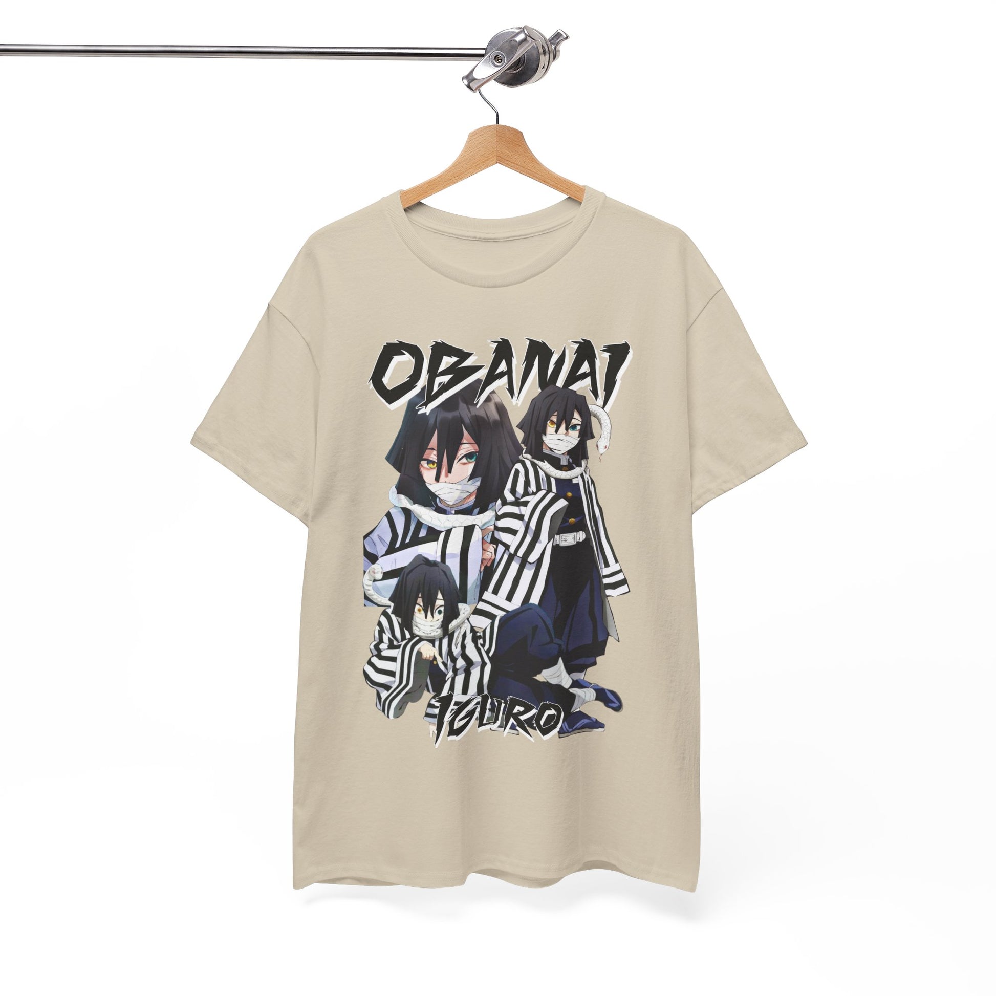 Sophisticated beige T-shirt elegantly displayed on a hanger, adorned with an artistic graphic of Obanai Iguro from Demon Slayer, perfect for fashion-forward fans.