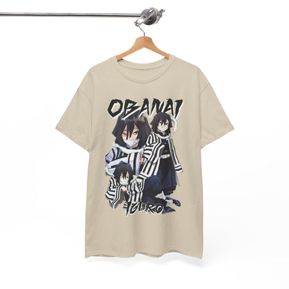 Sophisticated beige T-shirt elegantly displayed on a hanger, adorned with an artistic graphic of Obanai Iguro from Demon Slayer, perfect for fashion-forward fans.