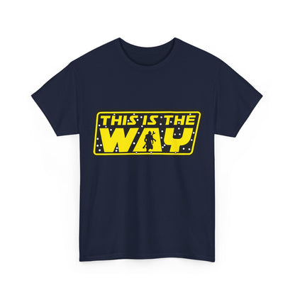 Mandalorian Star Wars This is the Way Logo Graphic Unisex Tee Shirt in navy, showcasing a striking yellow logo on the front.