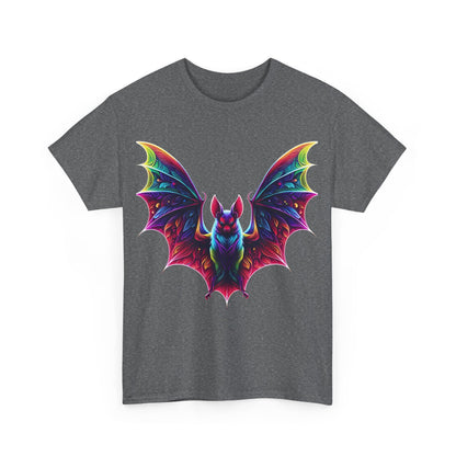 Front view of the Radiant Evolution Bat Tee with a vibrant rainbow bat graphic, exemplifying stylish artistry on a premium dark grey cotton t-shirt.