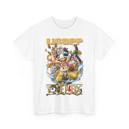 Chic white USOPP graphic T-shirt displaying meticulously illustrated anime characters, designed for a refined, contemporary aesthetic.