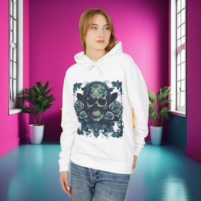 Skull and Roses Lightweight Hoodie modelled in a pristine white hue, presenting an exquisite skull and roses design, ideal for luxury casual wear.