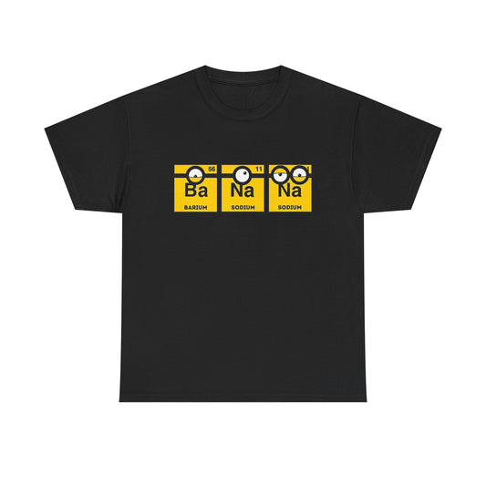 Men's Funny T-Shirt showcasing a unique Minions Periodic Table graphic with elements Barium (Ba) and Sodium (Na) - perfect for adding a touch of humour and whimsy to casual outfits.