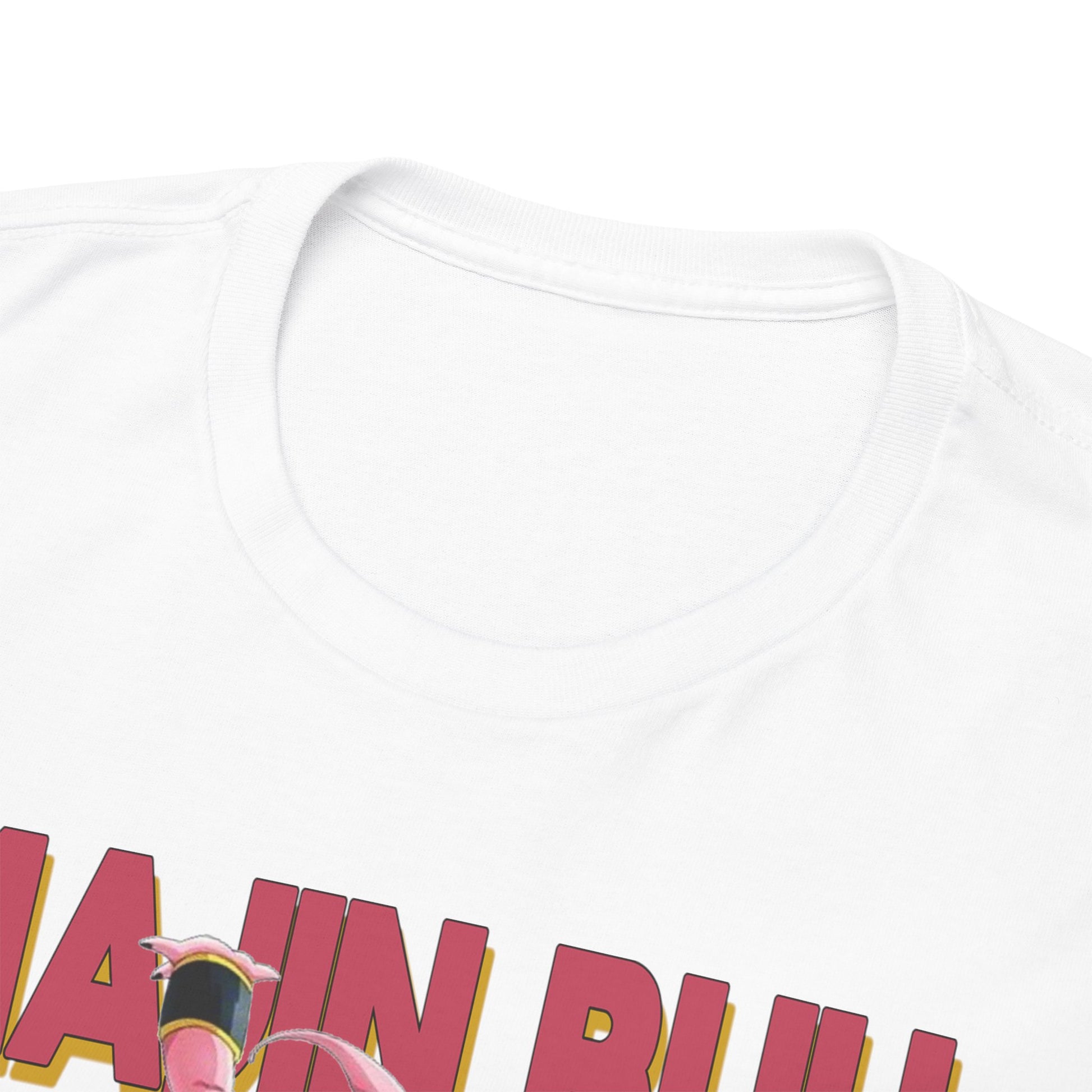 Close-up of the neckline of a high-quality white t-shirt featuring a vibrant Majin Buu graphic print, showcasing bold and energetic design.