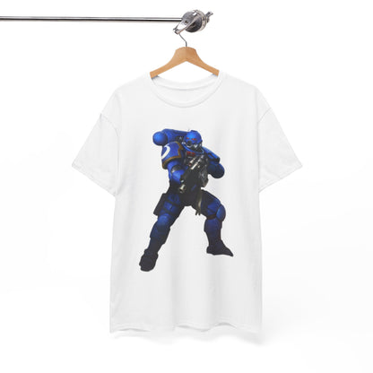 Stylish white graphic t-shirt displayed on a hanger, featuring a unique blue-armoured Space Marine illustration, perfect for casual and chic ensembles.