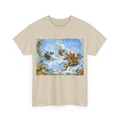 Front view of the Discworld The Light Fantastic Graphic Unisex T Shirt Tee in beige, displaying an exquisite fantasy illustration from Terry Pratchett's Discworld.