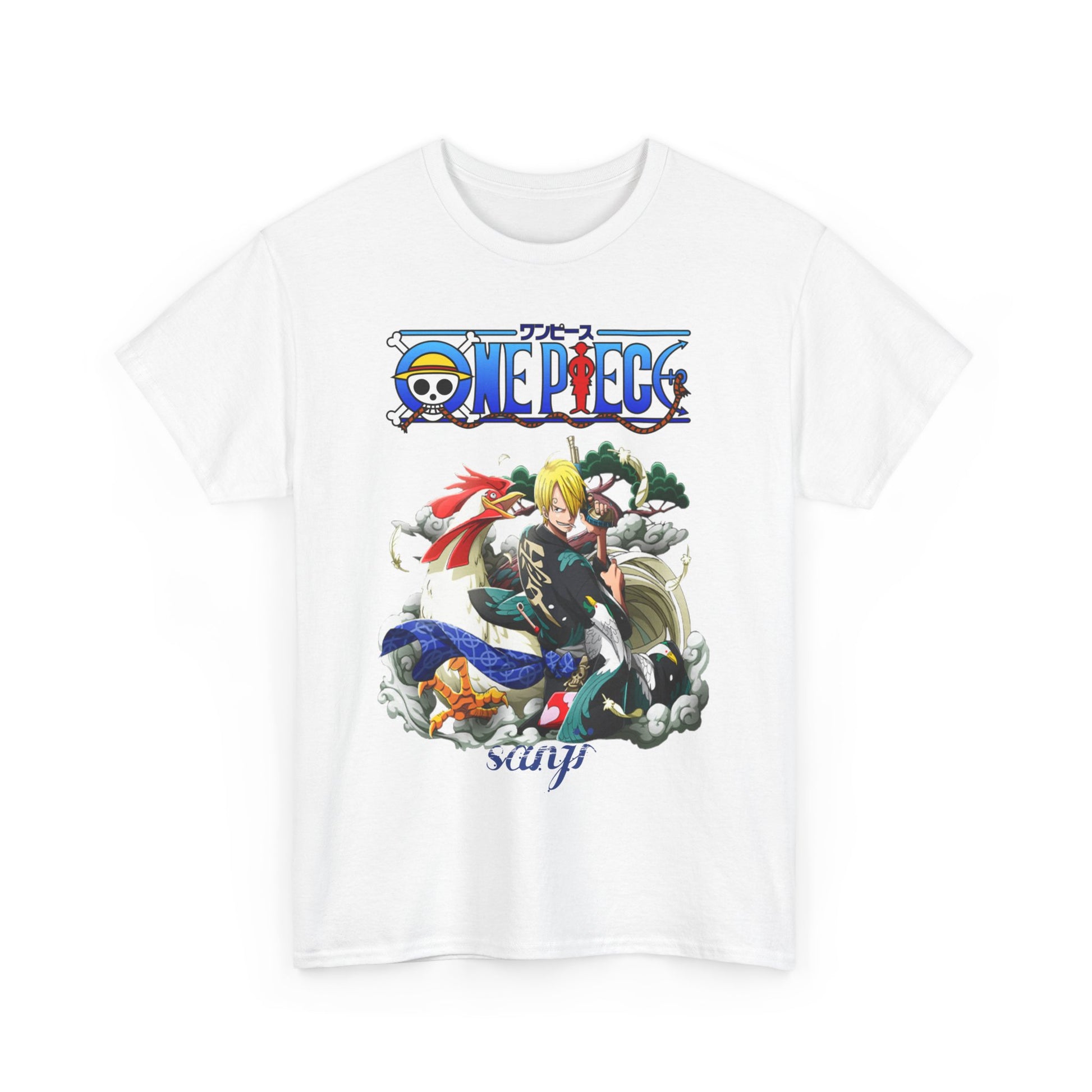 Front view of a classic white men's t-shirt adorned with a striking Sanji graphic from One Piece, representing anime culture.