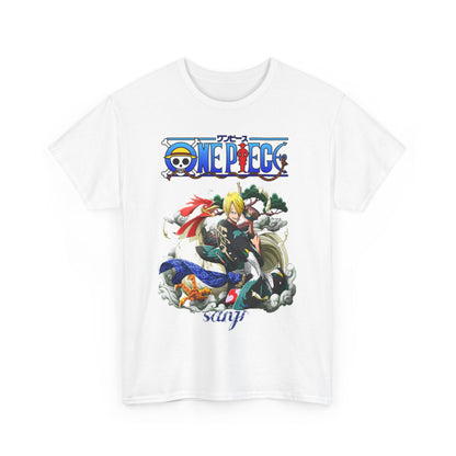Front view of a classic white men's t-shirt adorned with a striking Sanji graphic from One Piece, representing anime culture.