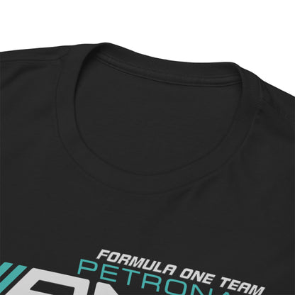 Close-up view of the neckline and fabric of a premium black F1 Petronas AMG Mercedes T-shirt, highlighting its luxurious comfort and quality.