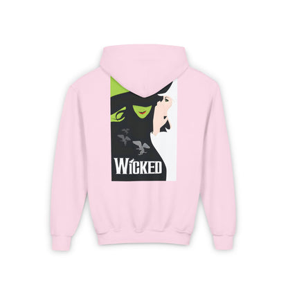 Child's Wicked Movie Graphic Pullover Hoodie in a chic pink shade, displaying a striking back design inspired by the iconic film, ideal for stylish young fans.