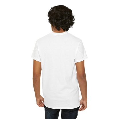 Back view of a male model wearing a minimalist white t-shirt, highlighting its clean lines and comfortable fit for everyday wear.