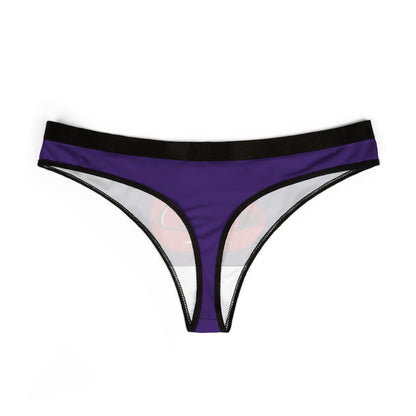 Back view of a sophisticated women's thong in purple, showcasing a cheeky graphic design of lips for a fun and flirty addition to any intimate wardrobe.