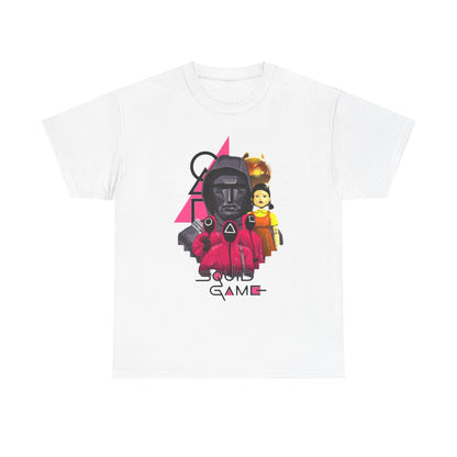 Exclusive Squid Game graphic t-shirt showcasing a striking design featuring iconic motifs from the series, elegantly crafted for both men and women.