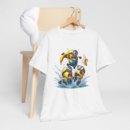 Mens Funny T-Shirt: Minions Banana Splash displayed on a wooden chair with a cap, showcasing the vibrant Minions design ideal for fun-loving individuals. T Shirt, Funny, Minions.