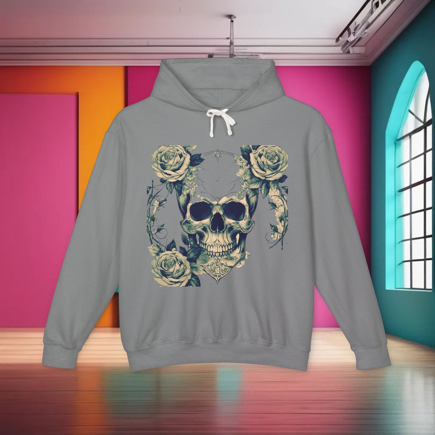 Unisex Lightweight Hooded Sweatshirt unique designer skull and roses