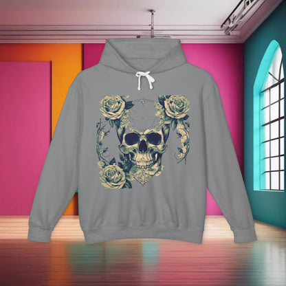 Unisex Lightweight Hooded Sweatshirt showcasing unique skull and roses graphic in grey, ideal for making a bold fashion statement.