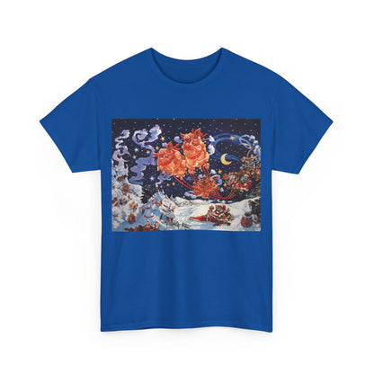 Front view of the vibrant blue Discworld Hogfather Unisex Graphic Tee Shirt adorned with the famous cover art, beautifully printed on a soft cotton blend.