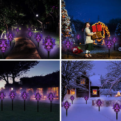 Dazzling outdoor display of Solar Skull Simulation Flame Lamps illuminating a pathway in various seasonal settings, perfect for enhancing luxury décor during Halloween and winter festivities.