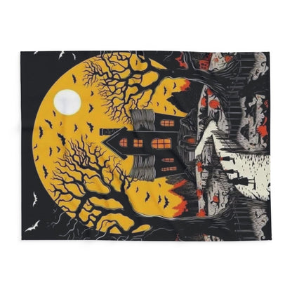 Front view of the Decorative and Warm Halloween Spooky Arctic Fleece Blanket showcasing a captivating haunted landscape, complete with a moonlit sky and silhouettes, perfect for sophisticated seasonal celebrations.