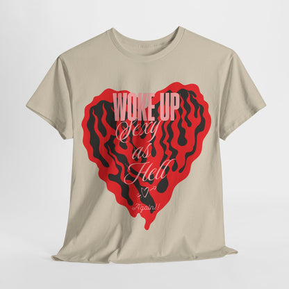 Woke Up Sexy Women's Graphic T-Shirt featuring a bold red heart design with intricate black wavy patterns and stylish lettering, ideal for casual elegant wear.