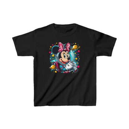 Child's Blast Off with Minnie Mouse Unisex Graphic Tee Shirt Kids featuring a vibrant design on a black background, showcasing Minnie Mouse in an astronaut outfit, surrounded by stars and planets.