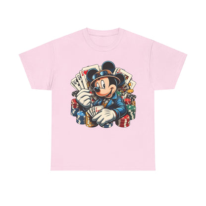 Mickey Mouse Poker Graphic Tee in pink, showcasing an elegant illustration of Mickey Mouse playing poker, surrounded by vibrant poker chips and cards, ideal for a trendy look.