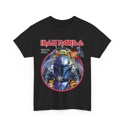 Front view of the Iron Mando Graphic Tee featuring a striking Mandalorian design, perfect for Star Wars aficionados, crafted with a luxurious touch.