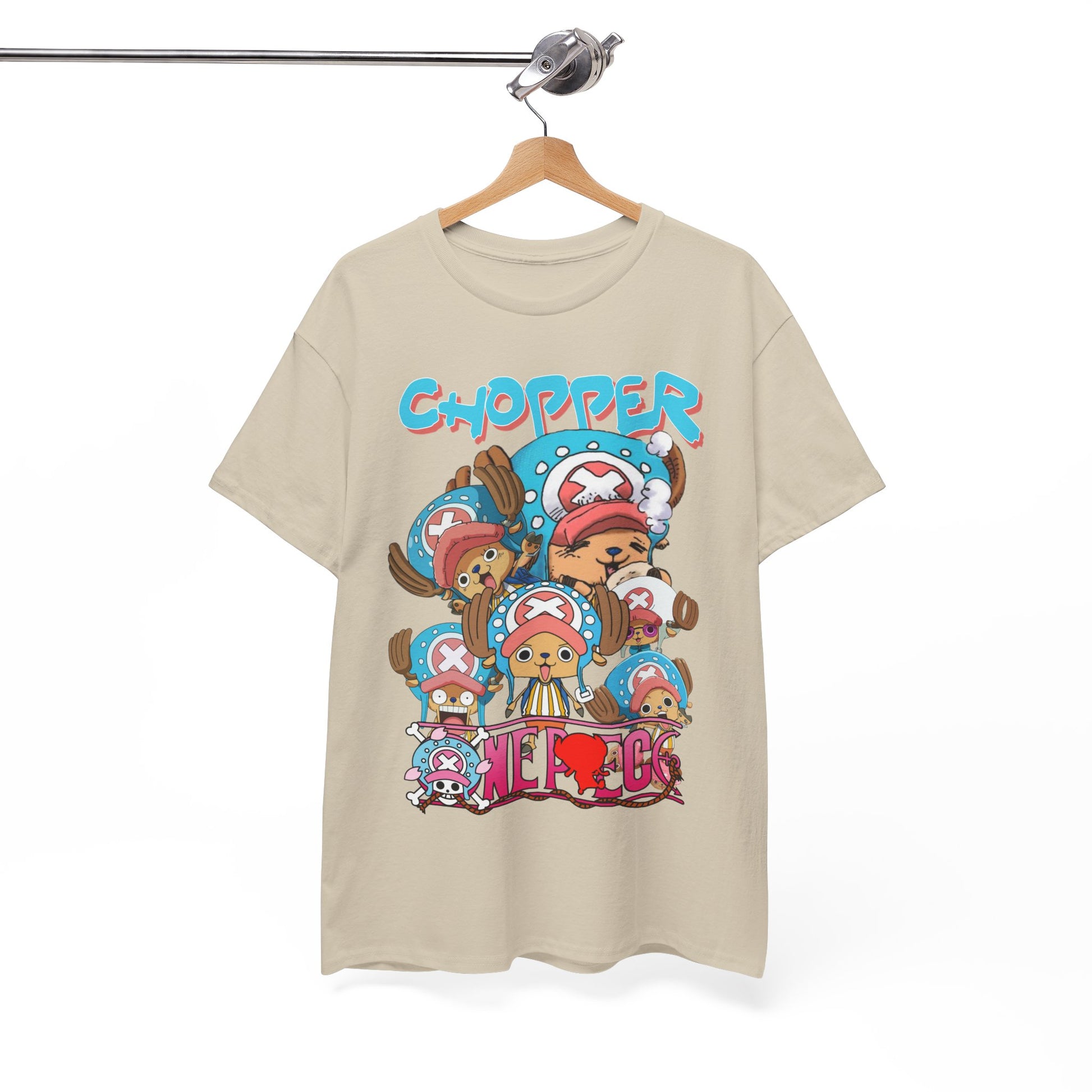 Chopper anime t-shirt elegantly hanging on a wooden hanger, demonstrating its sophisticated design and high-quality craftsmanship, perfect for discerning anime fans.