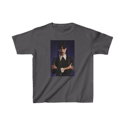 Child's 'Wednesday': Embrace the Dark Elegance! Graphic Unisex Tee in charcoal grey displaying a striking image of a young girl with long dark hair in pigtails, elegantly outfitted in a dark striped jacket, reflecting the allure of Wednesday Addams.