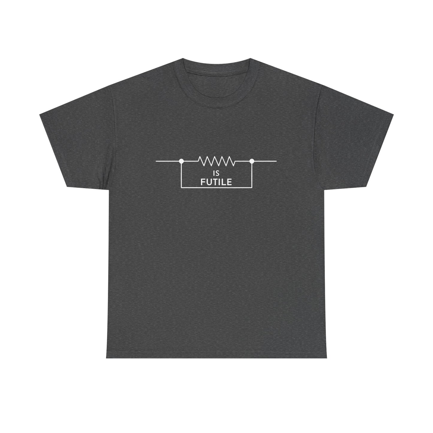 Chic dark grey unisex graphic tee shirt displaying the striking phrase 'IS FUTILE' in a refined resistor outline, designed for admirers of premium geek fashion.