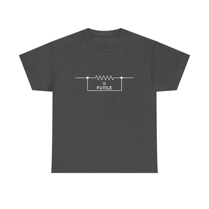 Chic dark grey unisex graphic tee shirt displaying the striking phrase 'IS FUTILE' in a refined resistor outline, designed for admirers of premium geek fashion.