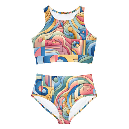 Women's Energetic Move Sporty Bikini Set by Dazzling Dreams Studio featuring a pastel pink abstract design, perfect for luxurious summer outings and confident beach days.
