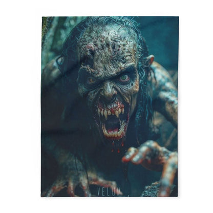 Decorative and Warm Halloween Spooky Arctic Fleece Blanket featuring a hauntingly intricate design with a monstrous figure, perfect for adding a luxurious touch to your Halloween decor.