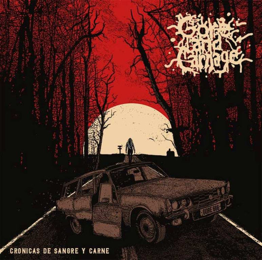 Gore and Carnage - Crónicas de sangre y carne CD cover art, released by Rancid Offal Records, featuring a dark and captivating design that represents the Goregrind genre.