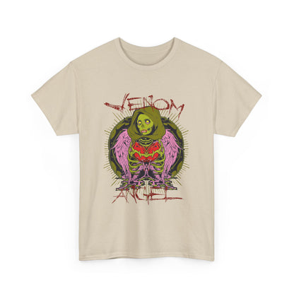 Luxurious men's t-shirt featuring striking 'Venom' design with a green-skinned angel and intricate graphics on a light beige background.