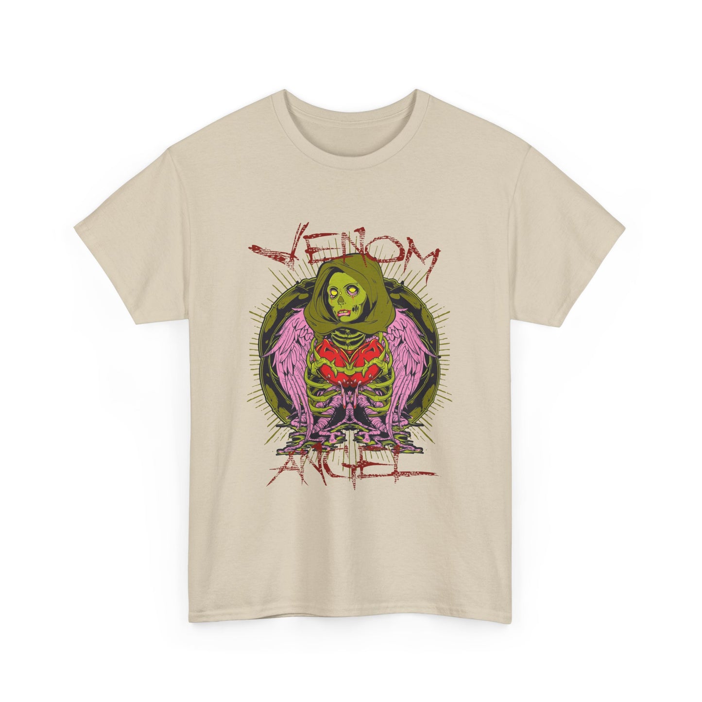 Stylish men's t-shirt in beige, featuring captivating front graphic of a green angel with pink wings and skeleton elements, ideal for art enthusiasts.
