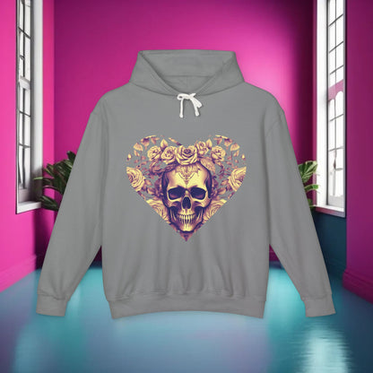 Elegant Skull and Roses Lightweight Hoodie in grey, showcasing a vivid skull graphic adorned with roses, ideal for hipster fashion enthusiasts.
