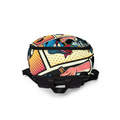 Dynamic Pop Art Backpack styled with contemporary fashion, embodying luxury and playful artistry from Dazzling Dreams Studio.