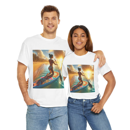 Comfortable and stylish paddleboarding graphic t-shirt designed by Dazzling Dreams Studio, ideal for water lovers and outdoor adventurers.