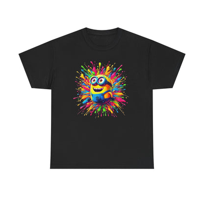 Funny T-Shirt Men's Minion Paint Splash Graphic Tee in black showcasing a cheerful Minion amidst a paint splash, perfect for a fun wardrobe addition. T Shirt, Funny, Minions.