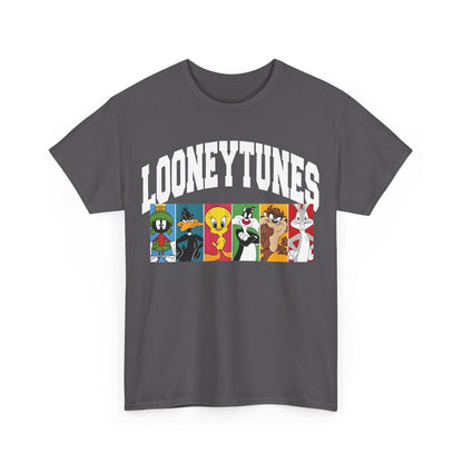 Chic Looney Tunes Graphic T-Shirt in dark grey with classic characters displayed in vibrant panels, ideal for a trendy, high-end wardrobe.