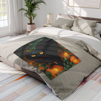 Luxurious Decorative and Warm Halloween Spooky Arctic Fleece Blanket featuring a charming black cat amidst autumn pumpkins, perfect for enhancing your seasonal decor.